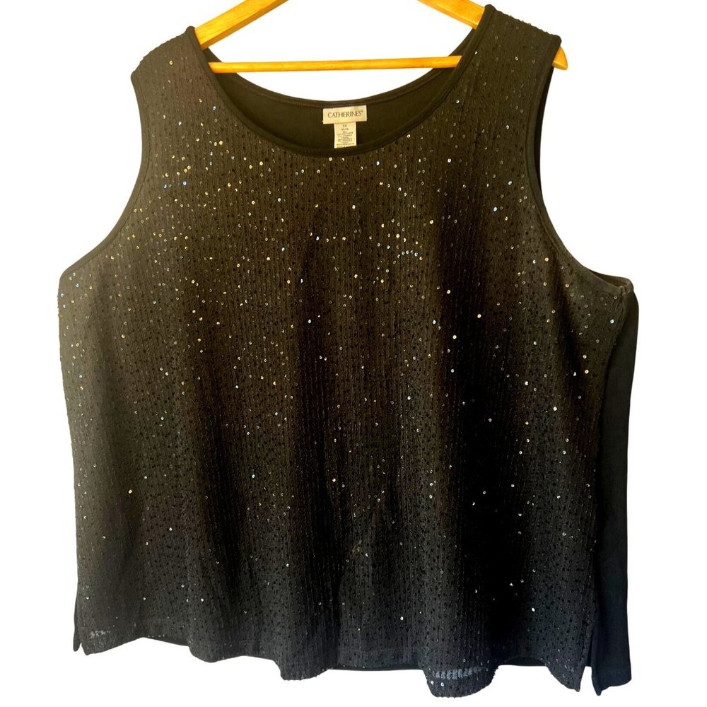 Catherines Black Sleeveless Front/Sequins Tank Top 3X 26/28 Plus Size Lined